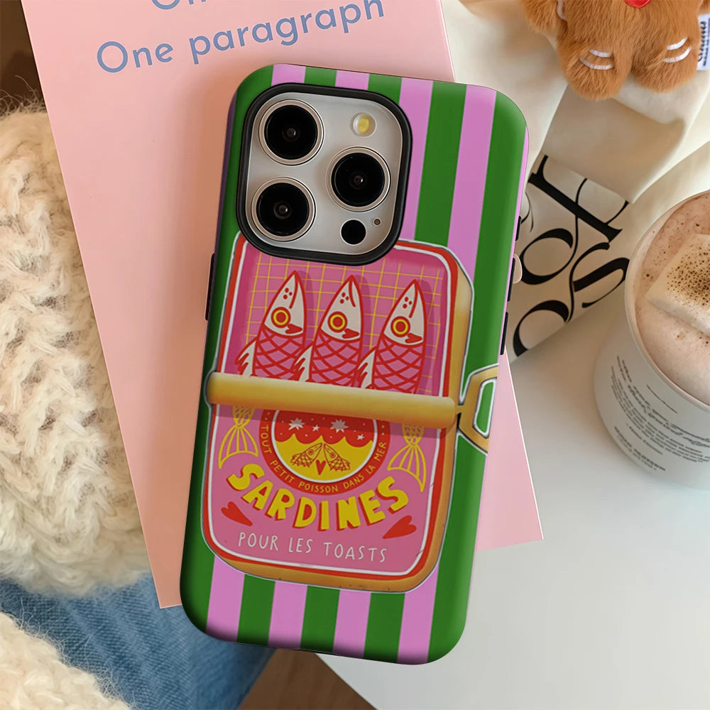 Sardines Green Pink Stripe Iphone17 Must-Haves Phone Case for Iphone 17 16 15 14 13 12 11 Pro Max plus Double-Layer Back Cover