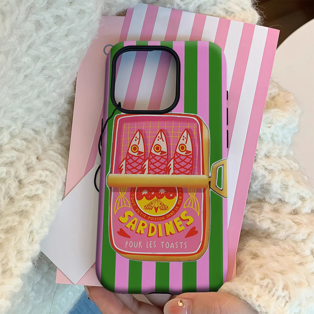 Sardines Green Pink Stripe Iphone17 Must-Haves Phone Case for Iphone 17 16 15 14 13 12 11 Pro Max plus Double-Layer Back Cover